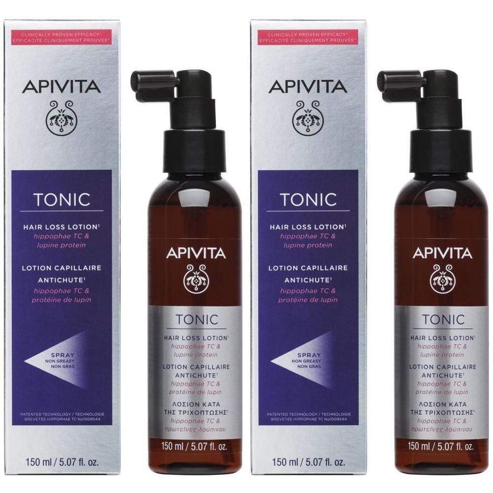 Twee flacons en dozen van de Apivita Tonic lotion tegen haaruitval.