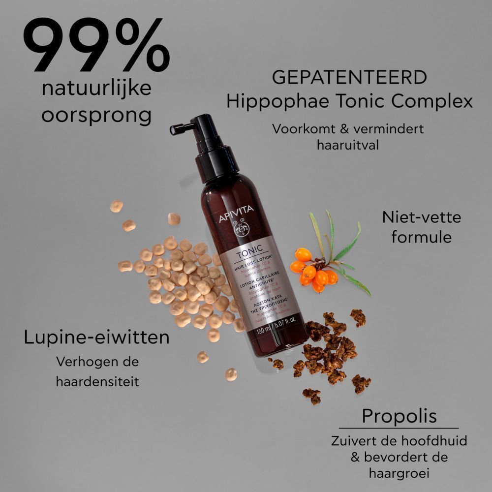 Apivita Hair Loss Lotion Tonic met Hippophae, lupine-eiwitten en propolis. Tekst: 99% natuurlijke oorsprong.