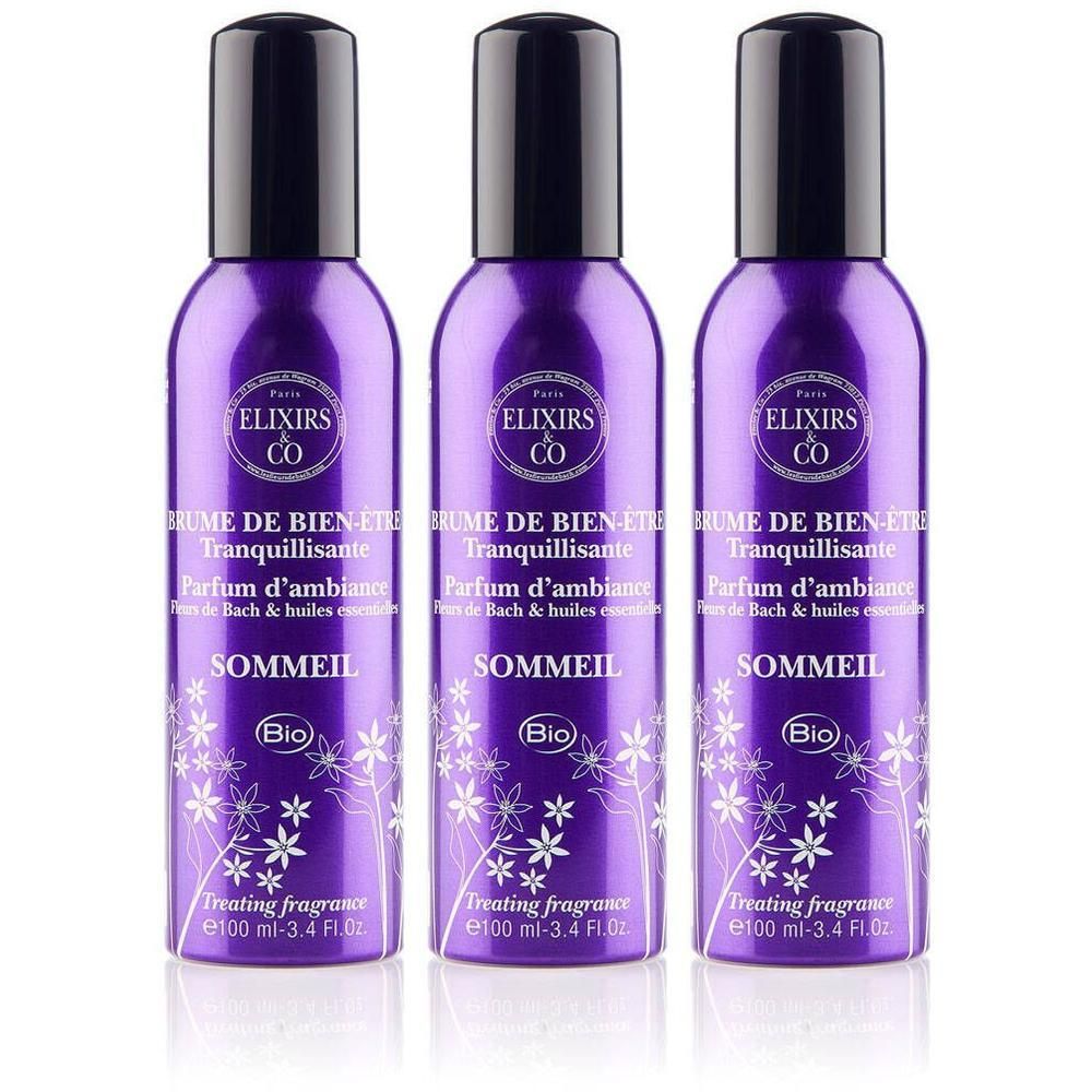 Trois vaporisateurs violets de Brume de Bien-Être Sommeil Bio Elixirs & Co. Motif floral, label Bio.