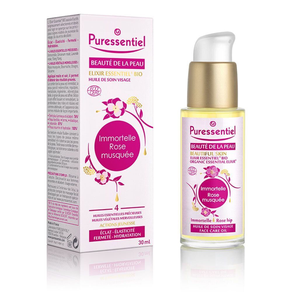 Fles en verpakking Puressentiel Beauté de la peau Elixir, 30ml.