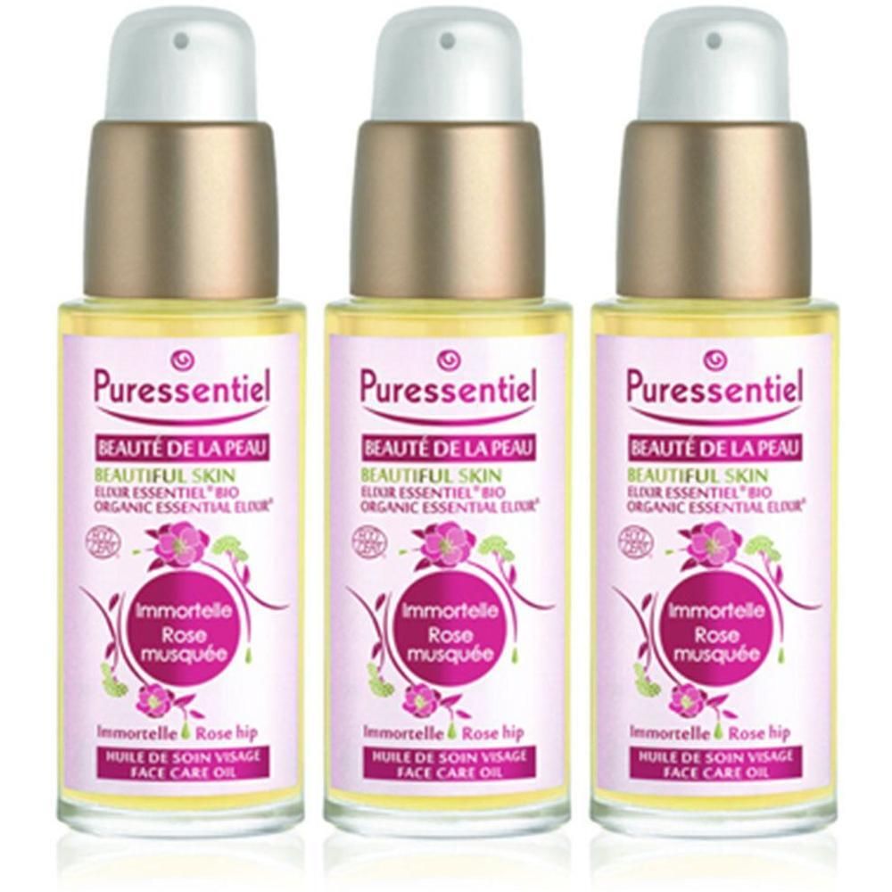 Drie flacons Puressentiel Beauté de la peau Elixir, gezichtsolie.