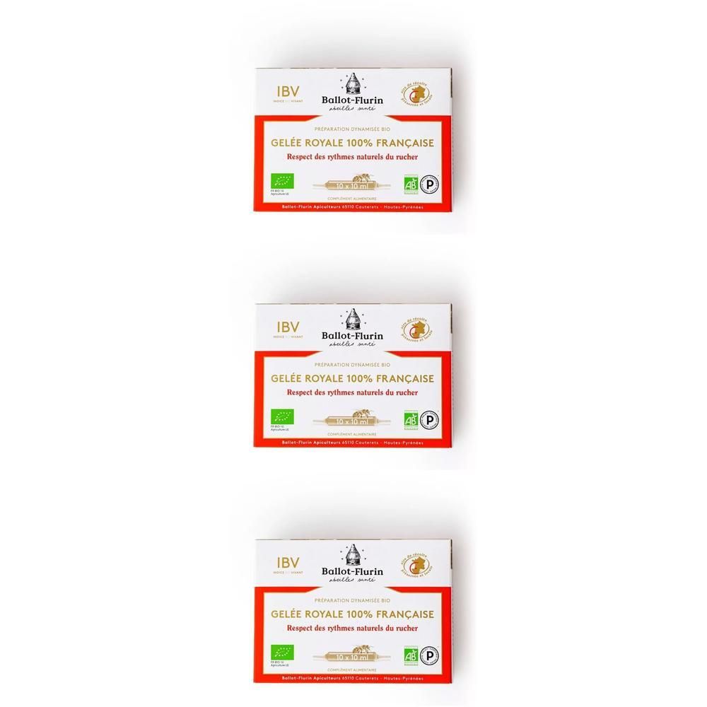 Drie doosjes Ballot-Flurin Royal Jelly 100% French met biologisch keurmerk.