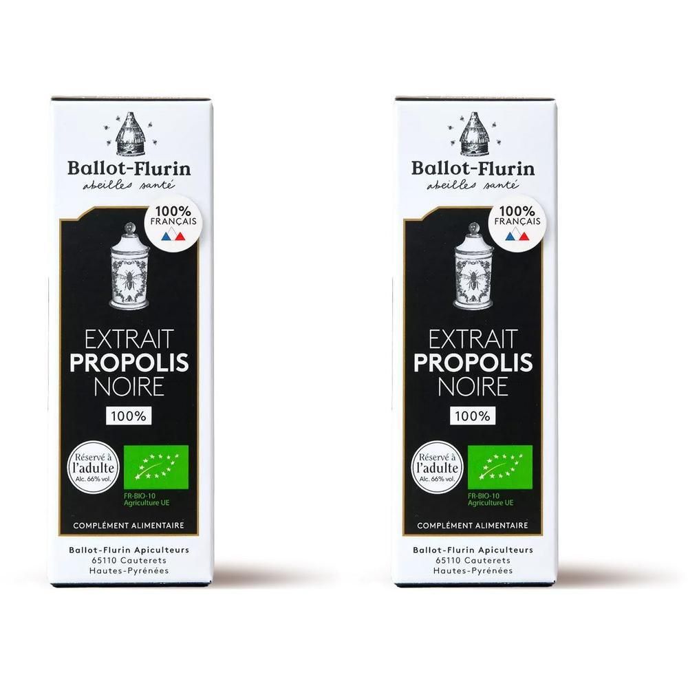 Deux boîtes d'Extrait Propolis Noire Ballot-Flurin. Mention "100% Français" et label Bio.