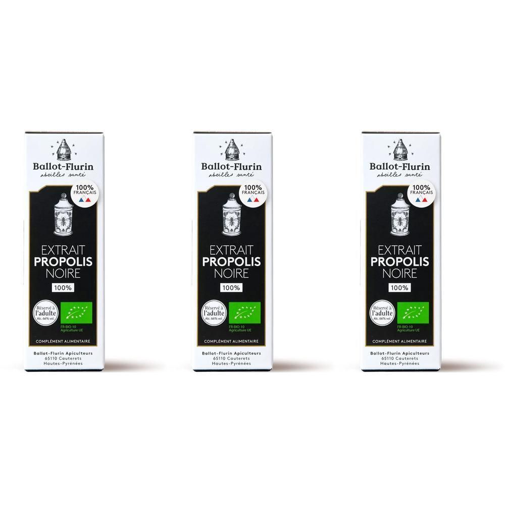 Trois boîtes d'Extrait Propolis Noire Ballot-Flurin avec label bio.