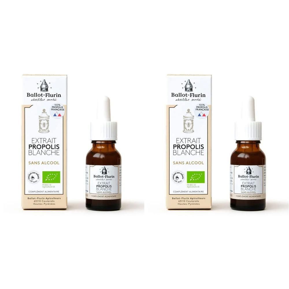 Twee flesjes propolis-extract met druppelaars en doosjes. "Extrait Propolis Blanche Sans Alcool" staat op de doosjes en flesjes.