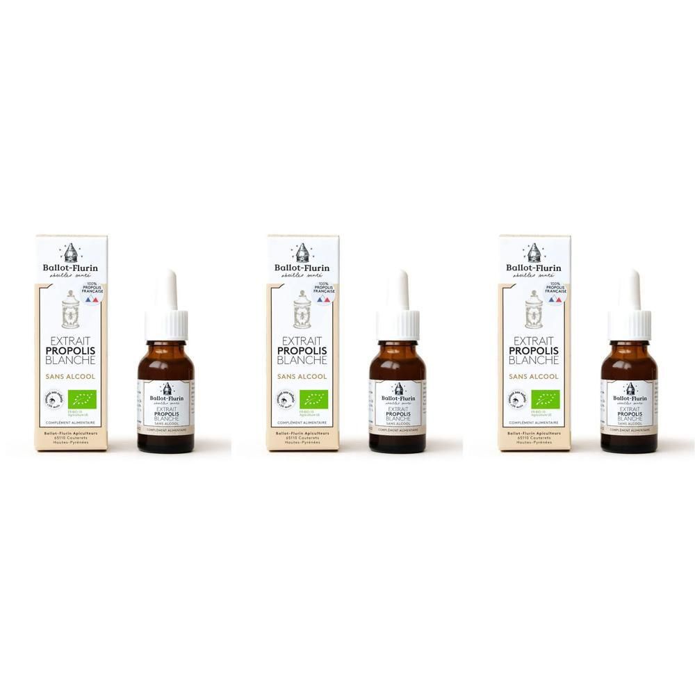 Drie flesjes met druppelaar en doos, witte propolis extract zonder alcohol.