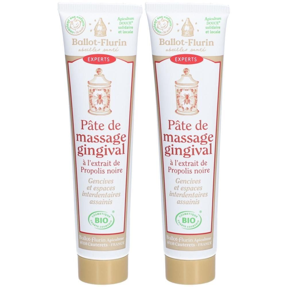 Deux tubes de Pâte de massage gingival Ballot-Flurin à l'extrait de propolis noire. Certifié BIO.