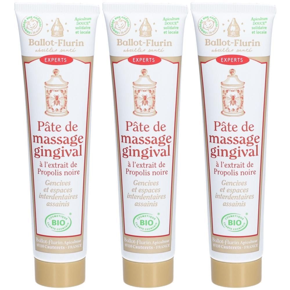 Trois tubes de Pâte de massage gingivale Ballot-Flurin à l'extrait de propolis noire. Certifié BIO.