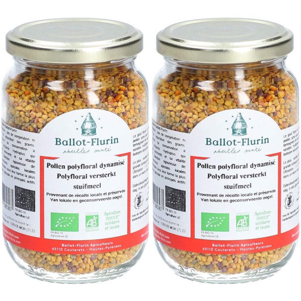 Twee potten Ballot-Flurin Pollen Polyfloral Dynamisé gevuld met korrels.