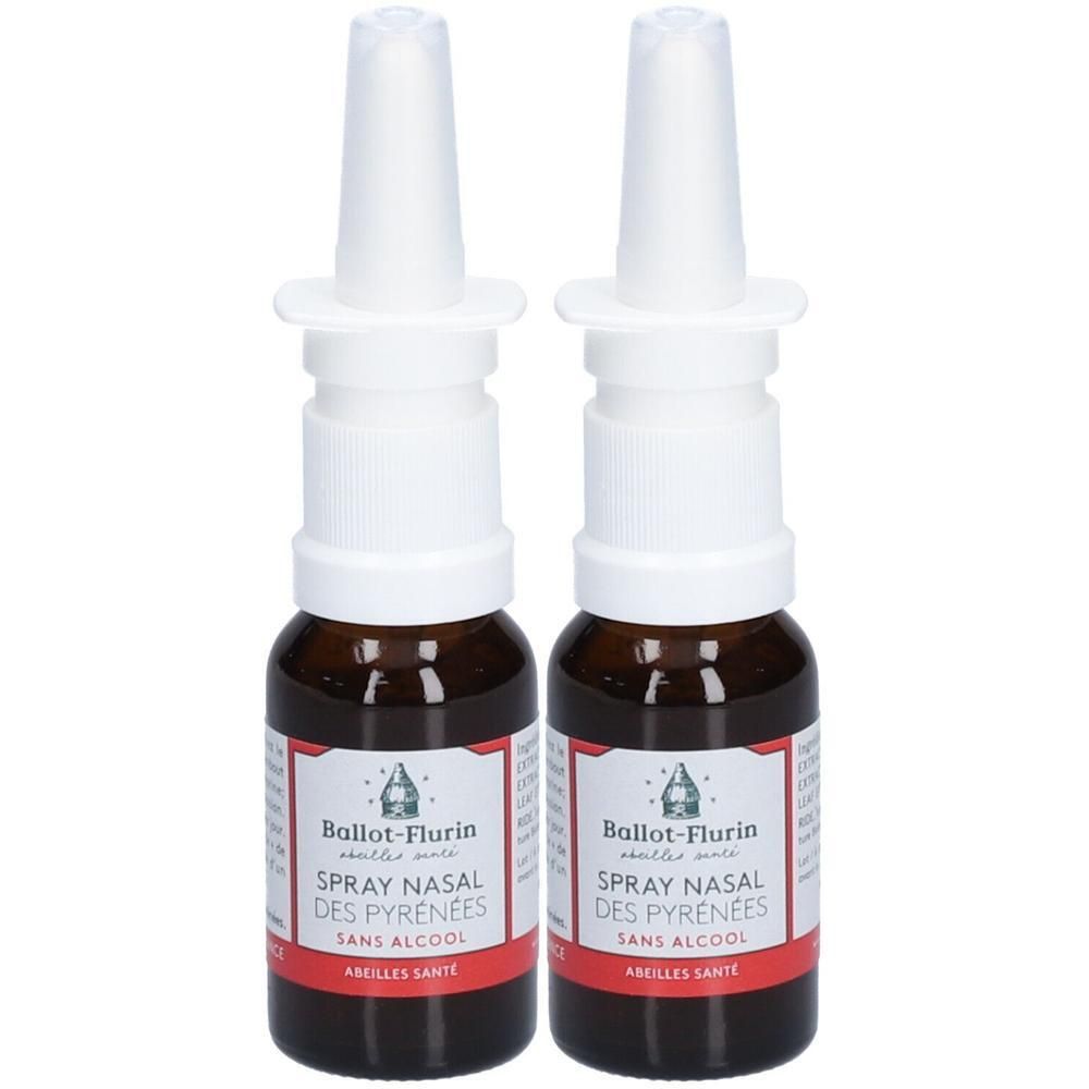 Twee bruine glazen flesjes met neusspray-applicators. Etiketten tonen "Ballot-Flurin Spray Nasal Des Pyrenees Sans Alcool".