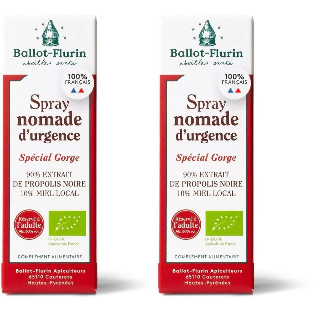 Deux boîtes de Spray Nomade d'Urgence Ballot-Flurin pour la gorge. Contient 90% d'extrait de propolis et 10% de miel local.
