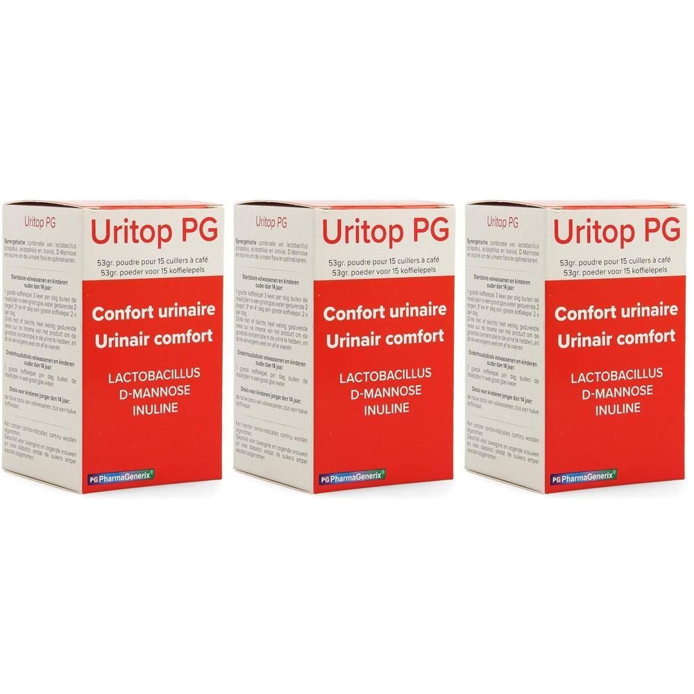 Drie verpakkingen Uritop PG, elk met 15 zakjes. Voor urinair comfort met Lactobacillus en D-Mannose.