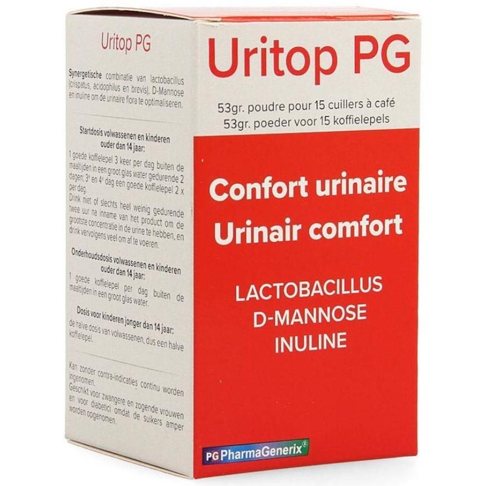 Boîte Uritop PG, 53g poudre pour 15 cuillères. Contient Lactobacillus, D-Mannose, Inuline.