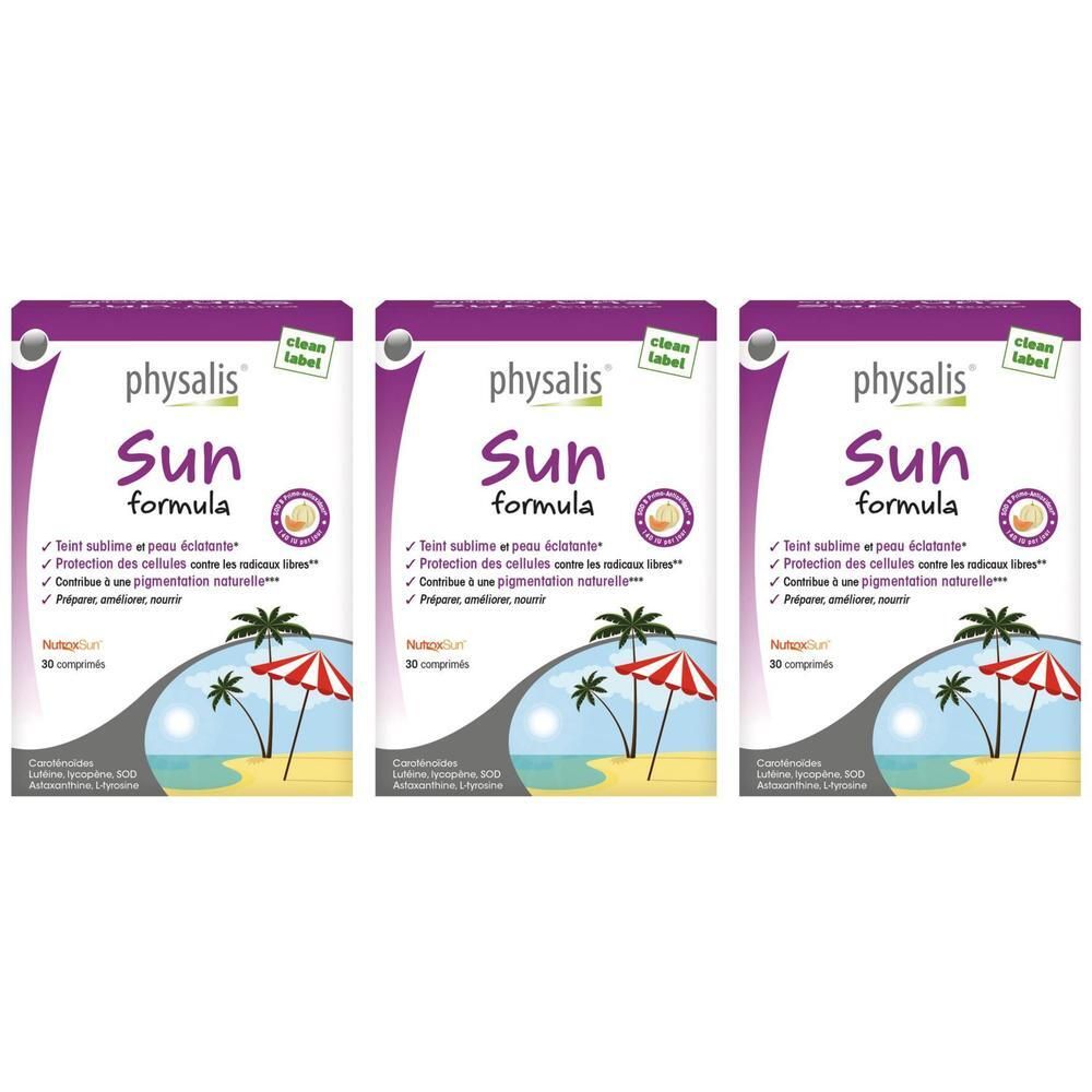 Trois paquets de compléments alimentaires Physalis Sun Formula, chacun contenant 30 comprimés. Motif de plage sur l'emballage.
