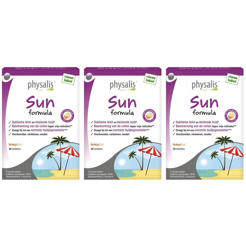 Drie pakken Physalis Sun Formula, elk 30 tabletten. Strandafbeelding met palmbomen en parasols.