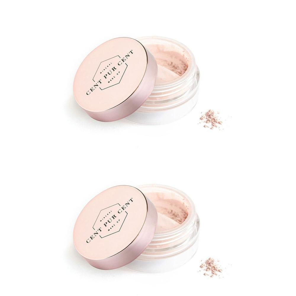 Cent Pur Cent Poudre Minérale Rose Tendre dans un pot ouvert avec couvercle rose.
