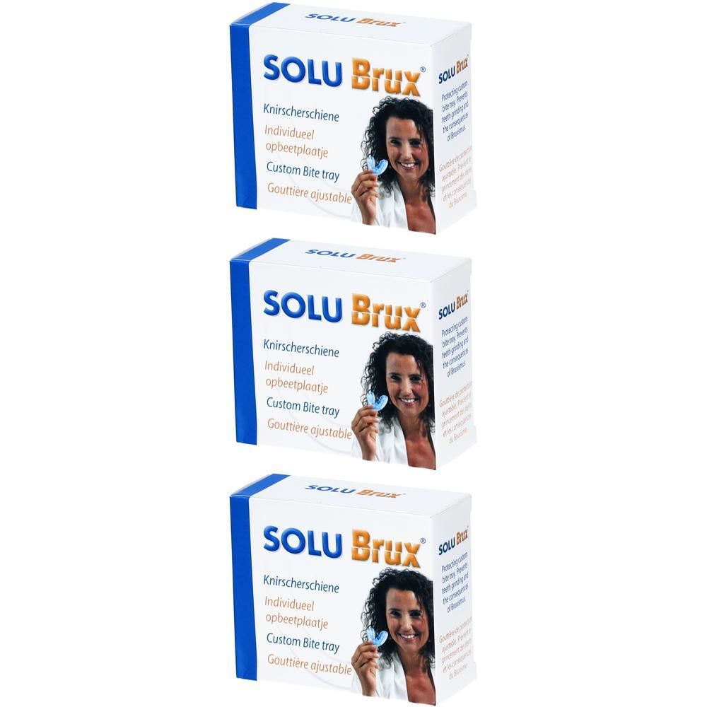 Trois boîtes de Solu Brux, protège-dents réglable. Une femme tient un protège-dents.