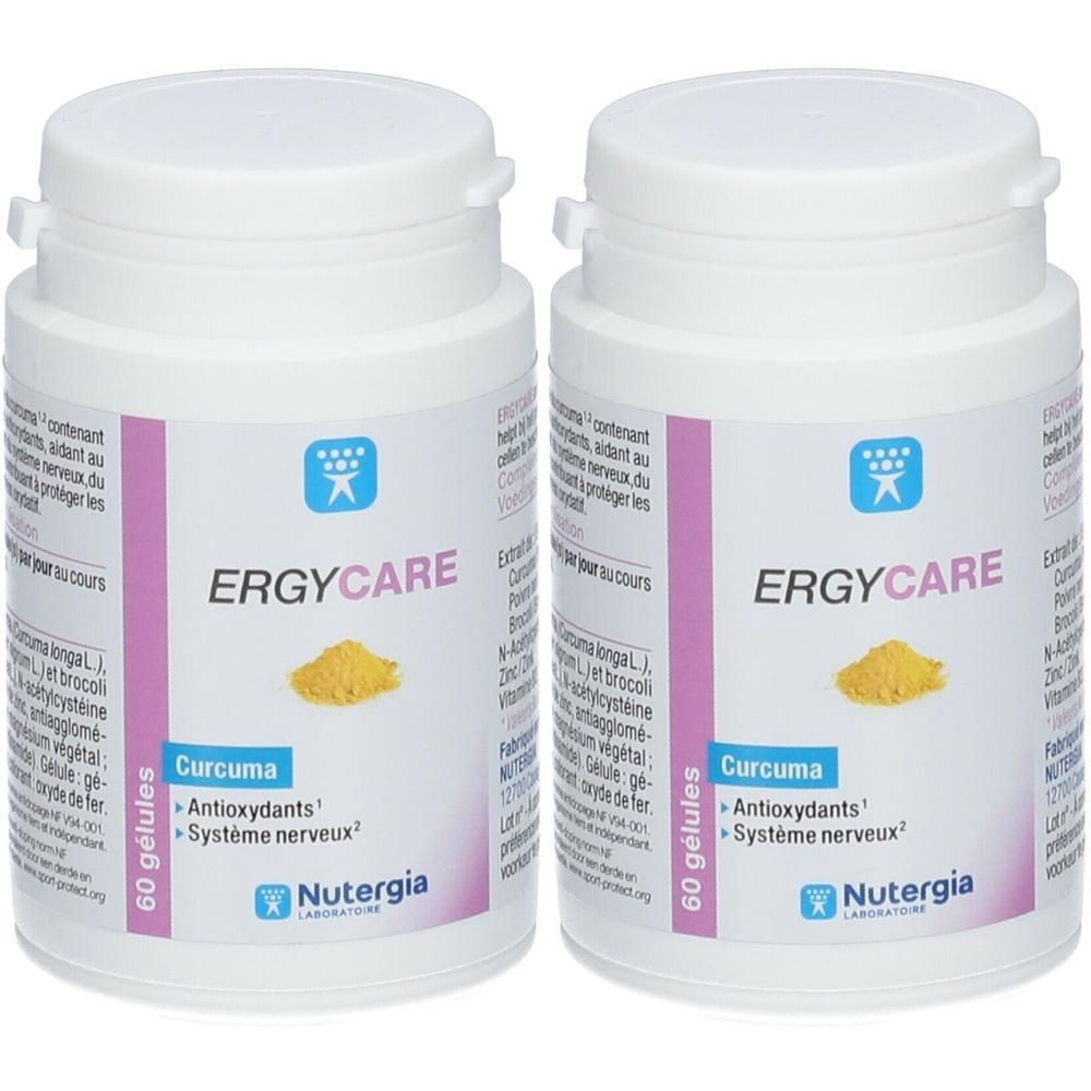 Deux pots blancs Ergycare, Curcuma, Antioxydants, Soutien du système nerveux. NUTERGIA.