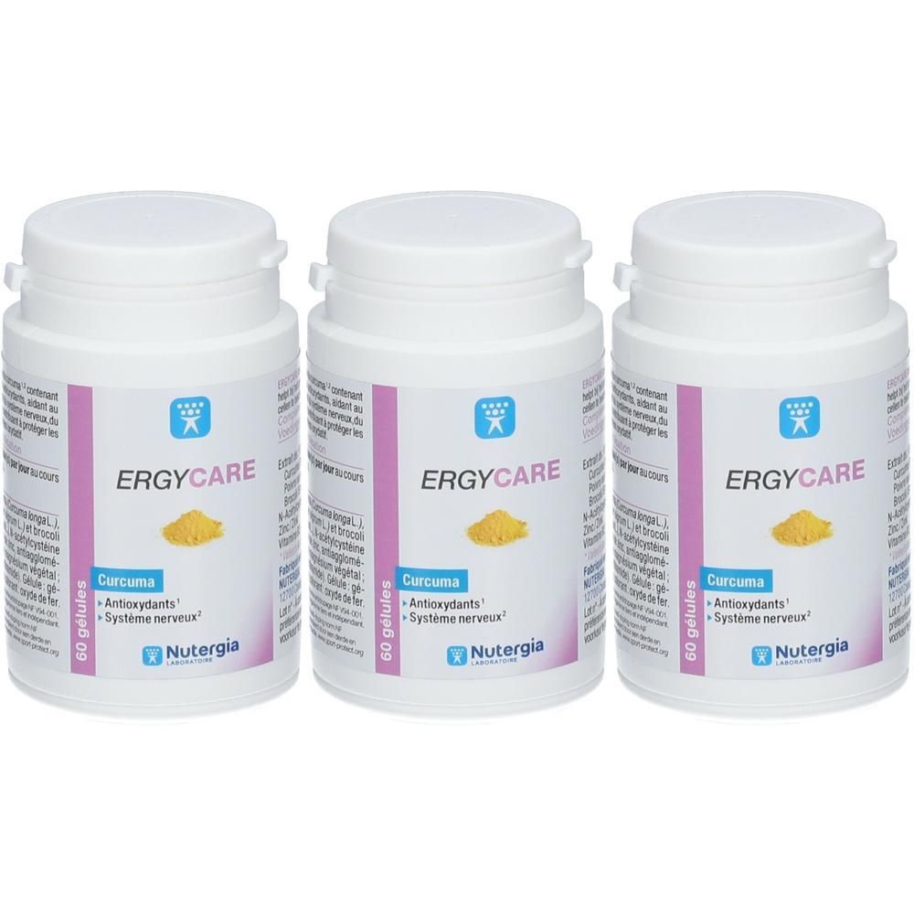 Trois flacons Nutergia Ergycare de 60 gélules, Curcuma, Antioxydants.