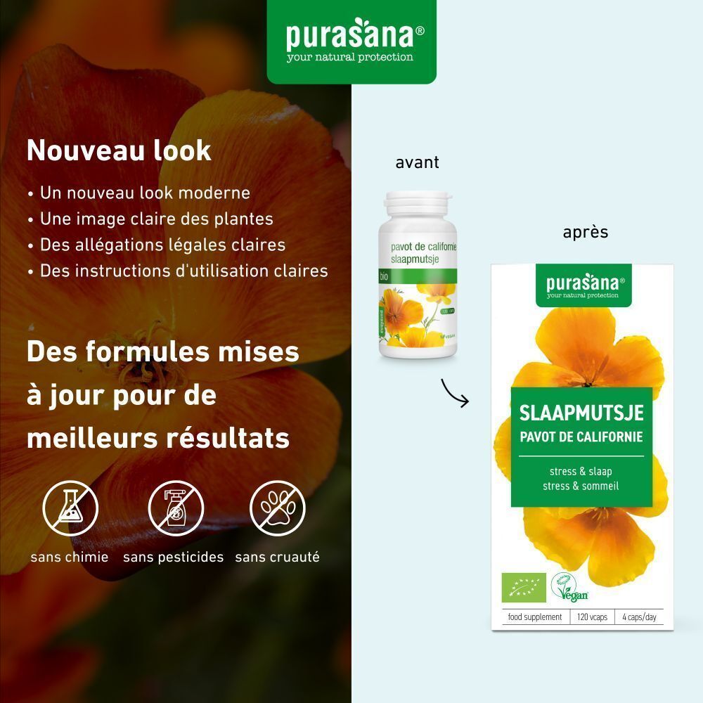 Comparaison Purasana Slaapmutsje Bio : ancien et nouveau packaging avec fleurs jaunes.