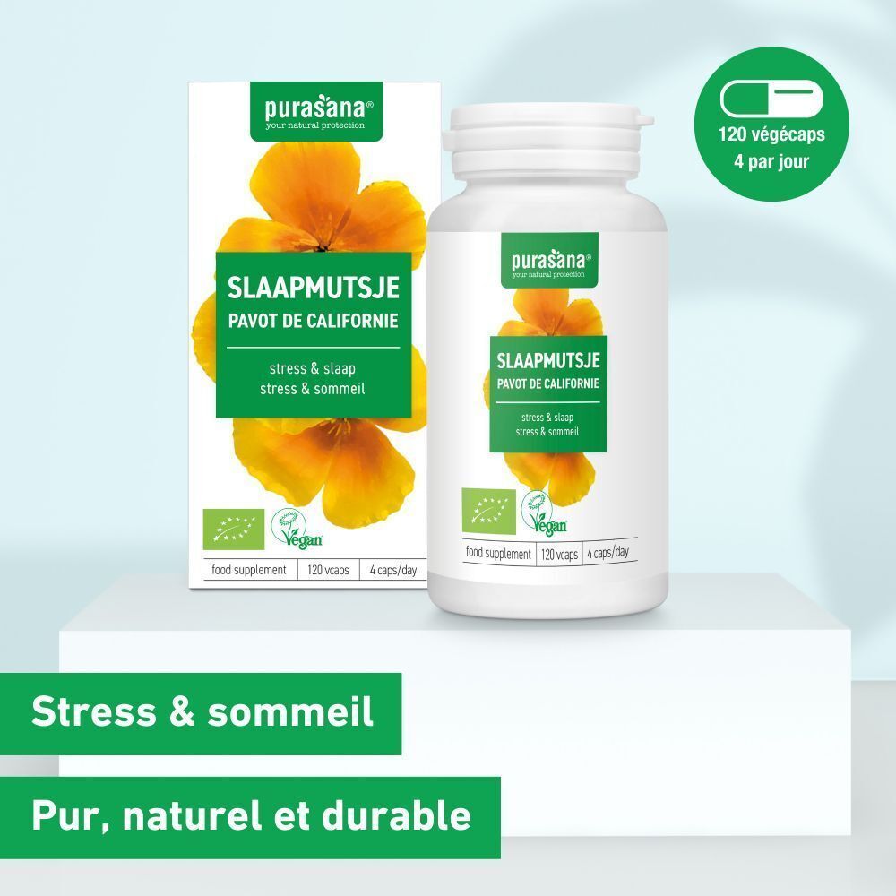 Flacon et boîte Purasana Slaapmutsje Bio au pavot de Californie.