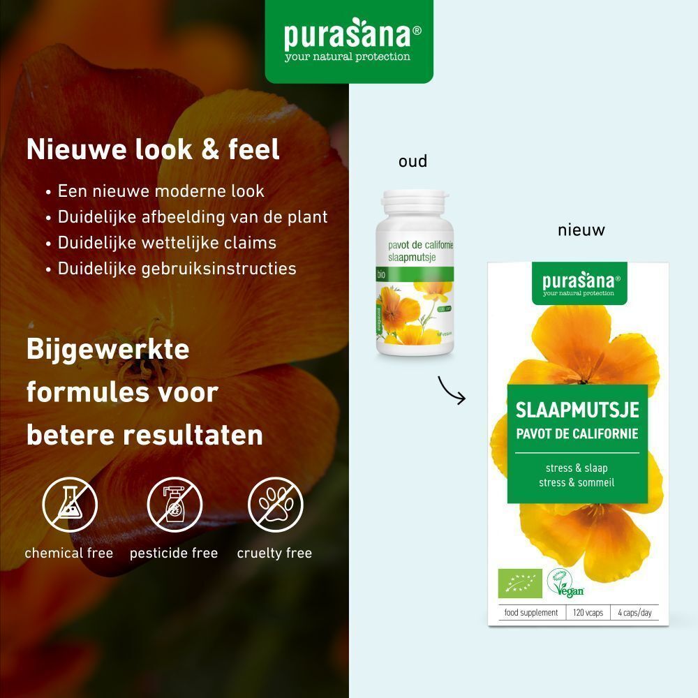 Verpakking Purasana Slaapmutsje Bio: Voorheen/Nieuw.