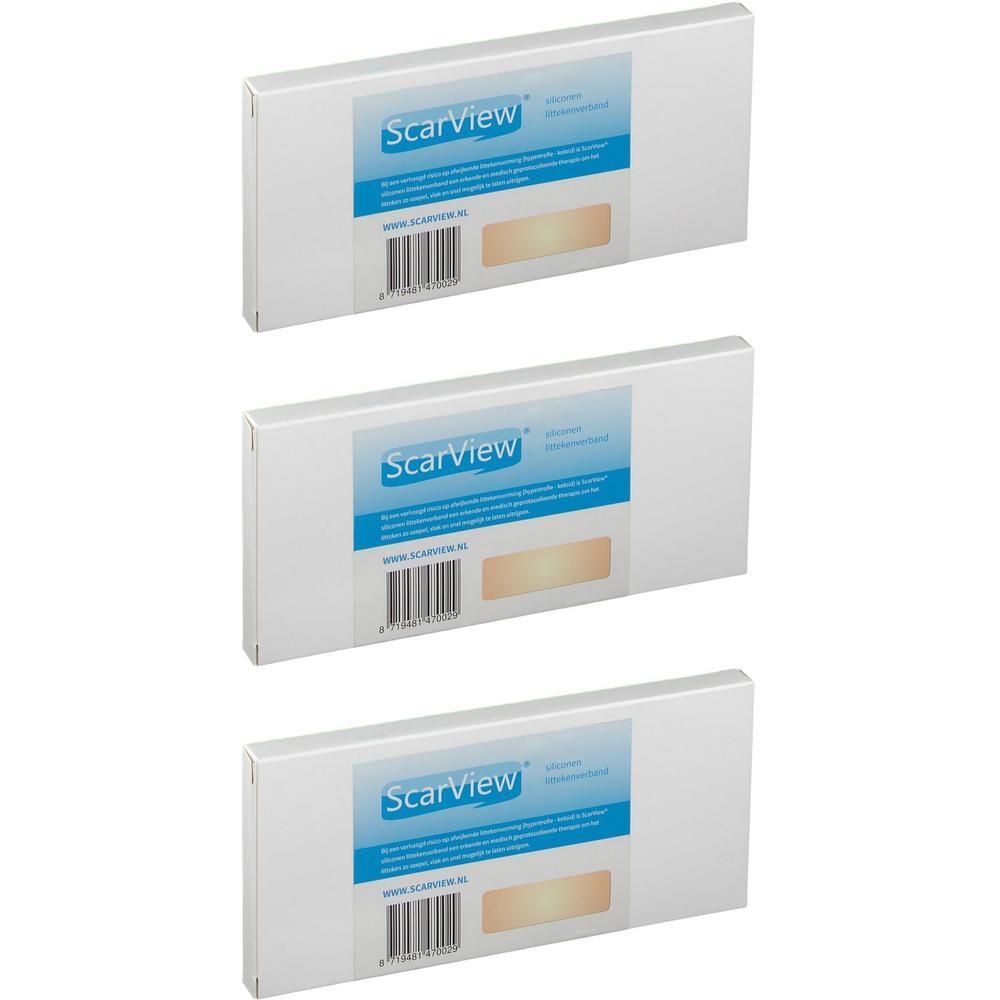 Drie pakken Scarview siliconenpleisters, 5x15 cm.