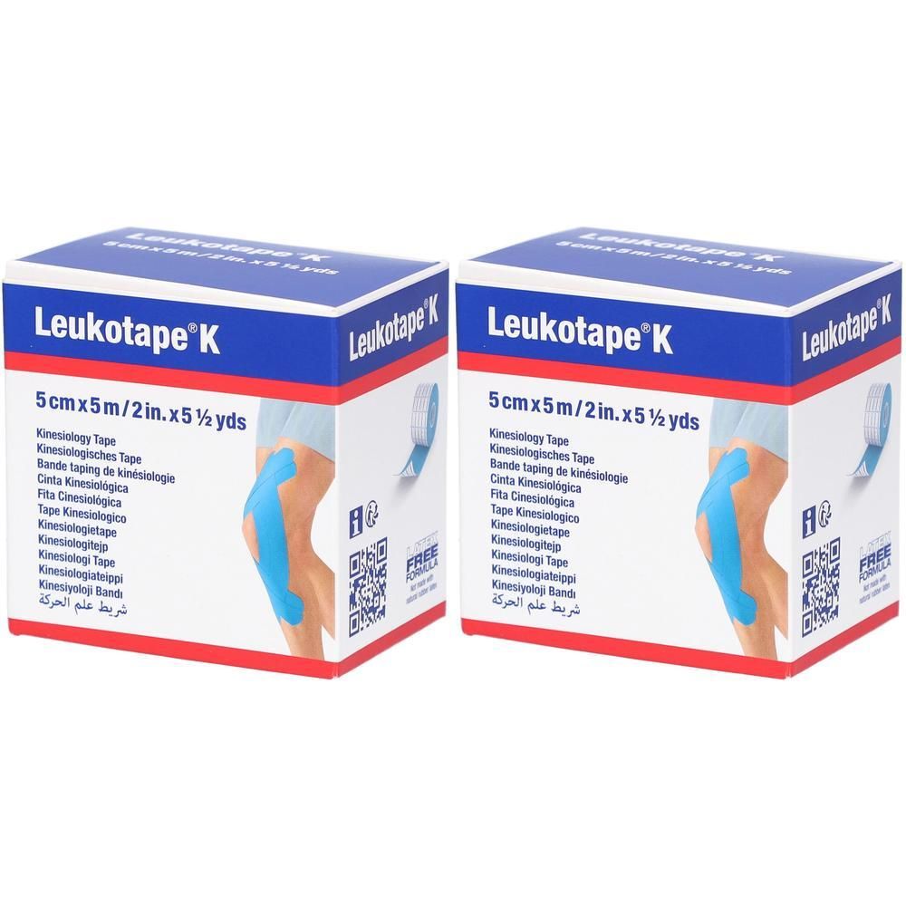 Deux boîtes de Leukotape K, 5cm x 5m. Inscription: Kinesiology Tape. Design bleu et blanc avec nom et dimensions.