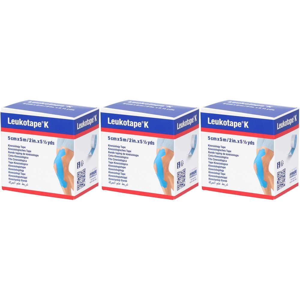 Drie dozen Leukotape K. Elke doos toont de productnaam, de afmeting 5cm x 5m en een afbeelding van de toepassing.