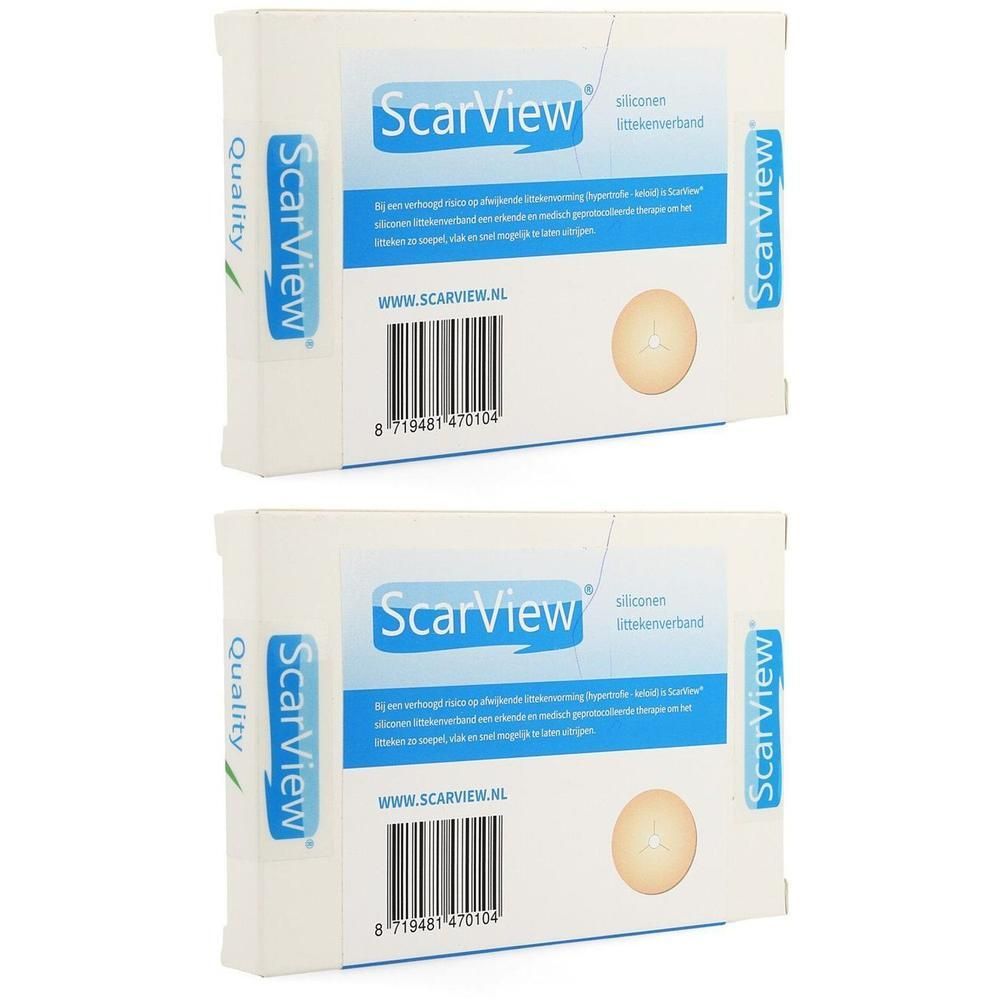 Twee pakken ScarView siliconen littekenverband. Met kwaliteits- en barcode-opdruk.
