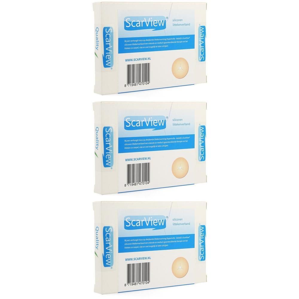 Drie verpakkingen ScarView Mamelon Élastique De Silicone, 6,5 cm. Witte verpakking met blauwe accenten en productinformatie.