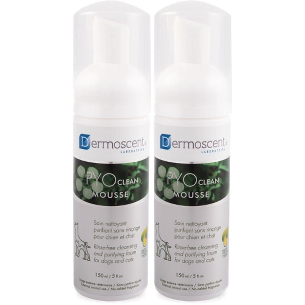 Twee flacons Dermoscent Pyoclean Mousse voor honden en katten.