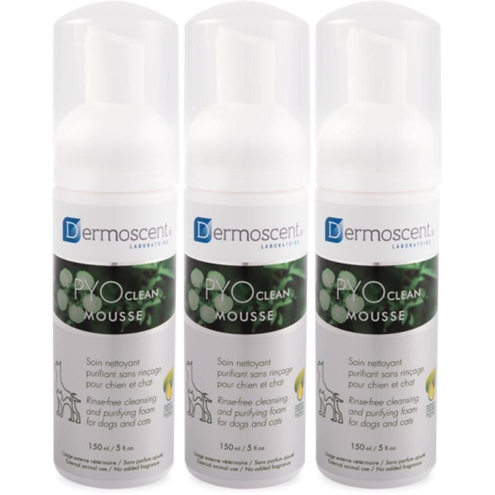 Trois flacons de Dermoscent PYO CLEAN MOUSSE pour chiens et chats.