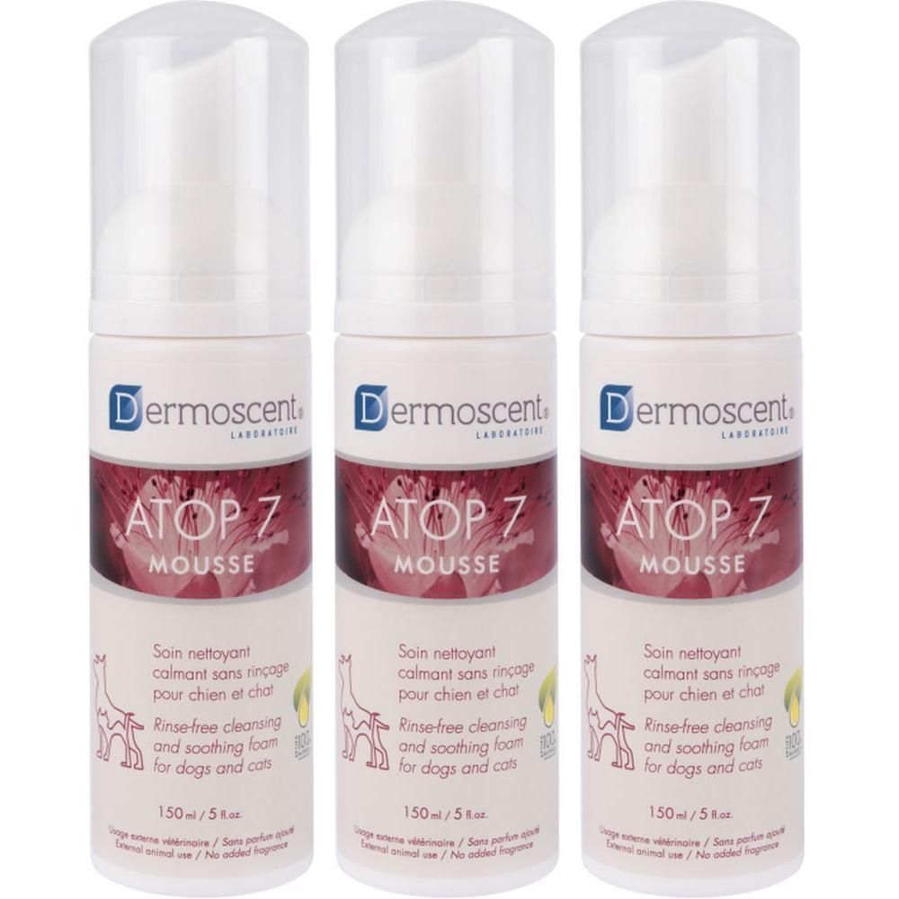 Trois flacons de Dermoscent Atop 7 Mousse pour chiens et chats, 150ml.