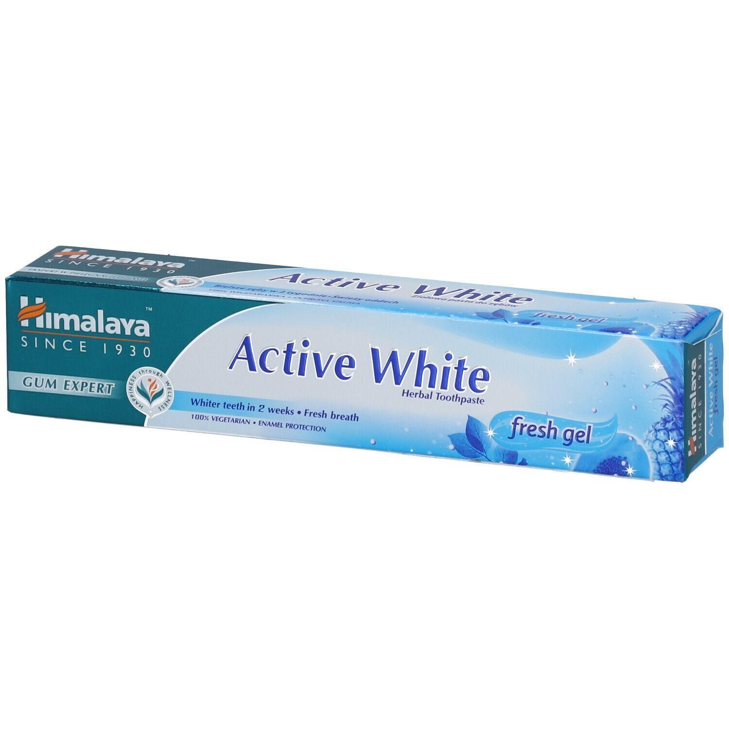 Himalaya Active White Kruiden Tandpasta, "fresh gel" opdruk.
