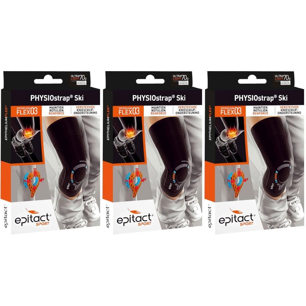 Trois genouillères Epitact Ski sous emballage. Genouillères noires avec accents orange et logo de la marque.