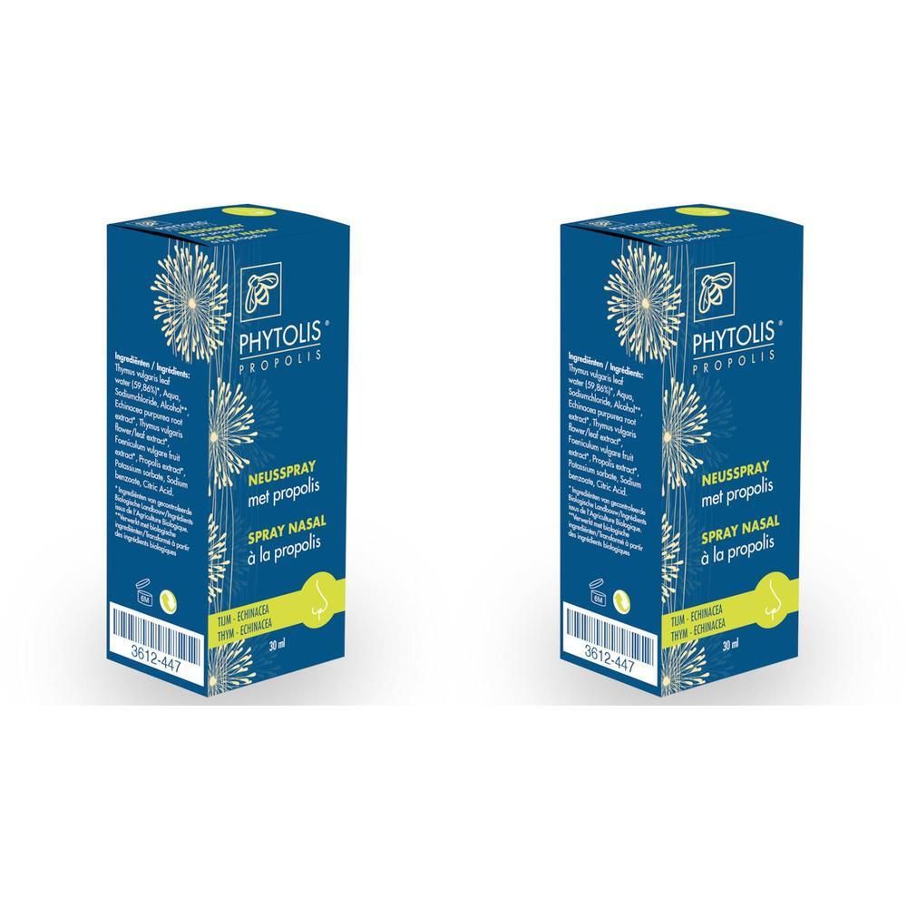 Twee doosjes Phytolis neusspray met propolis, echinacea en tijm. Donkerblauwe verpakking met gele accenten.