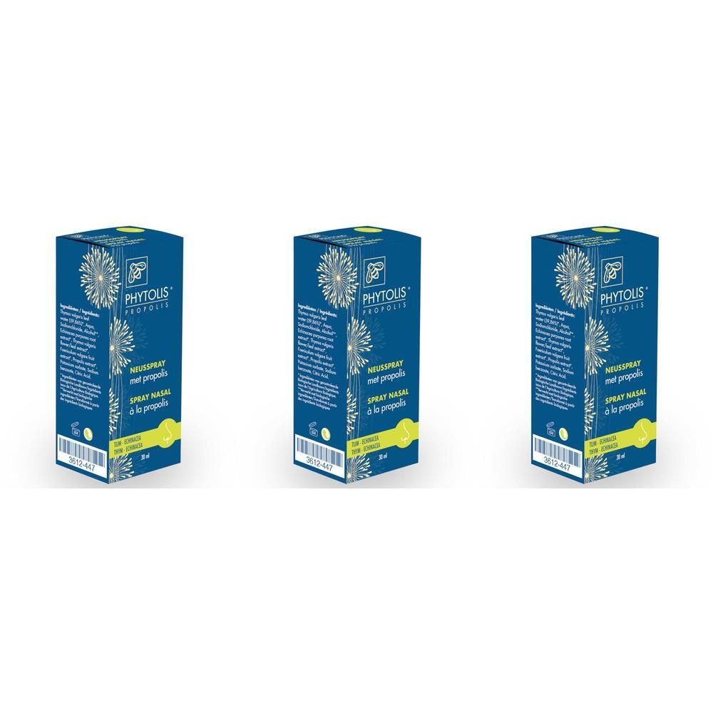 Drie doosjes Phytolis neusspray met propolis, echinacea en tijm. Donkerblauw met gele accenten.