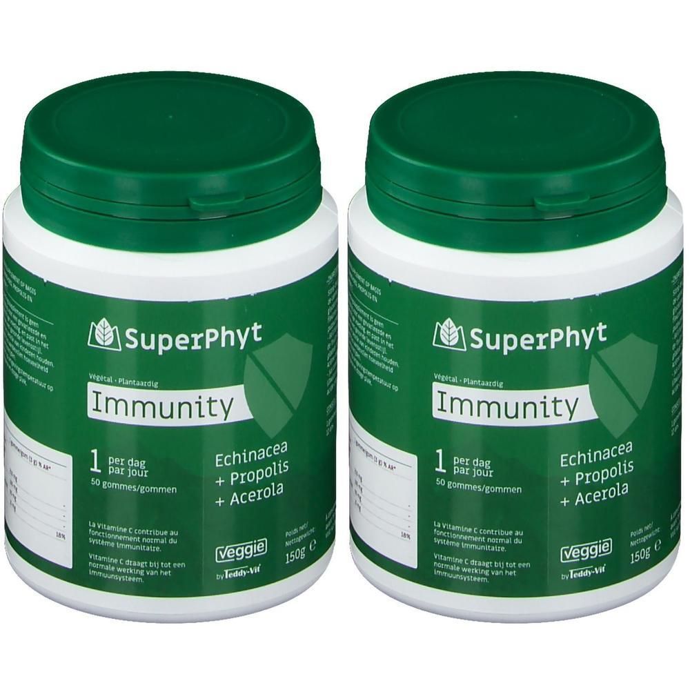 Deux pots de Superphyt Immunity gummies à l'échinacée, propolis et acérola. 150g par pot.