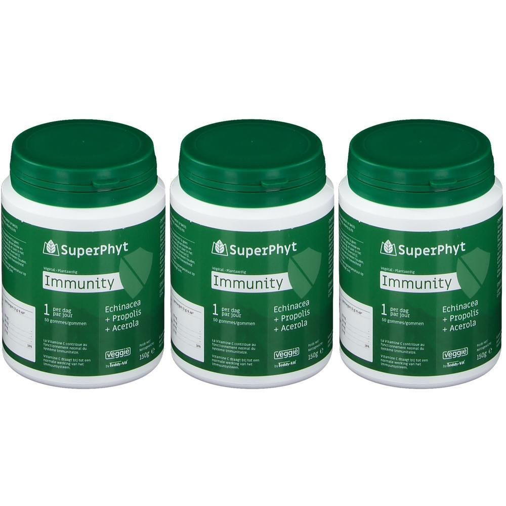 Trois contenants Superphyt Immunity avec Echinacea, Propolis et Acerola. Couvercles et étiquettes verts.