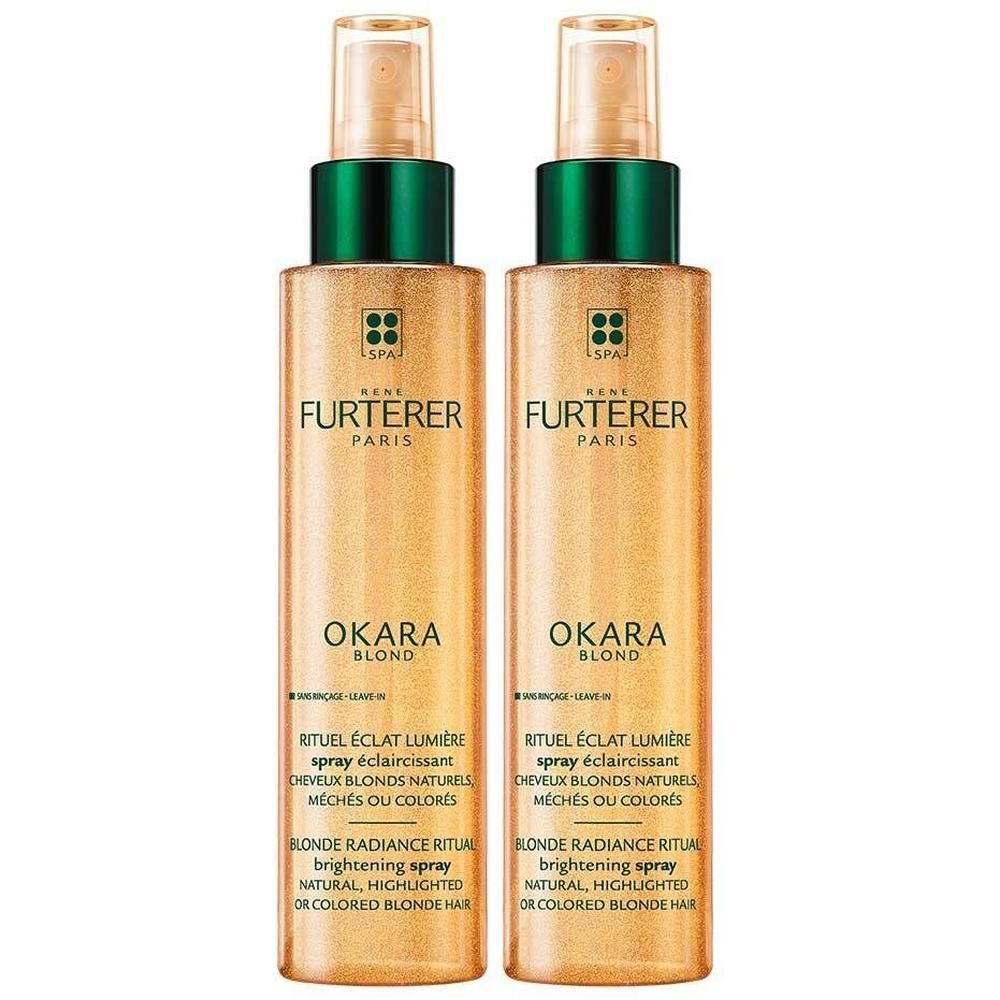 Deux flacons de spray éclaircissant RENE FURTERER Okara Blond à la finition dorée.