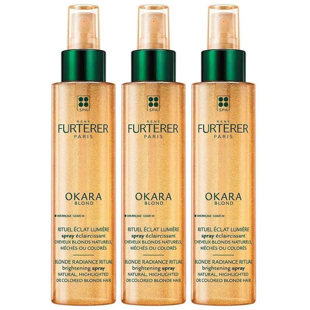 Trois flacons de spray éclaircissant Okara Blond de Rene Furterer, aspect doré, bouchons verts.