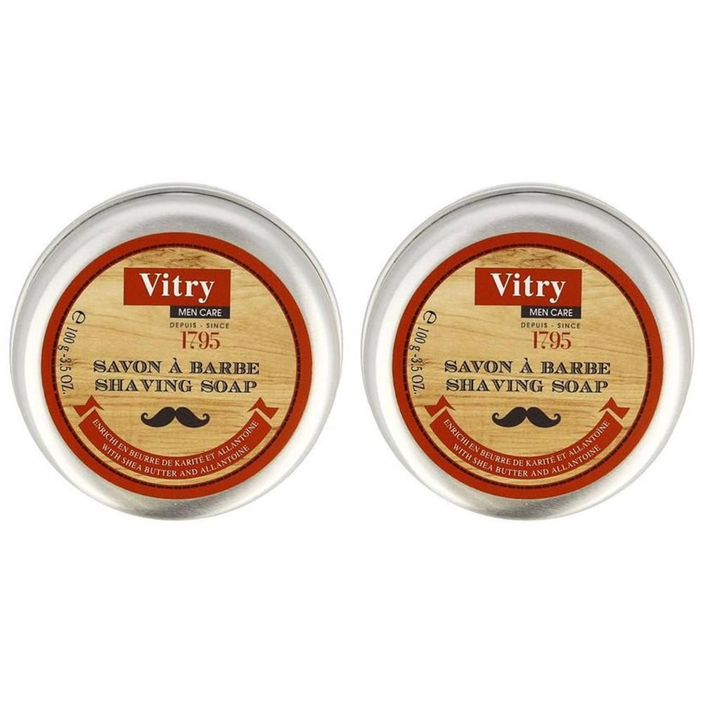 Twee blikken Vitry Men Care scheerzeep met etiket met houtnerf en snor-icoon.