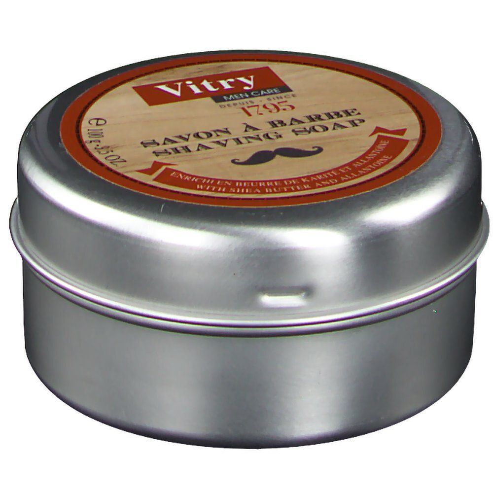 Een blik Vitry Men Care scheerzeep met etiket met houtnerf, snor-icoon en 100g aanduiding.