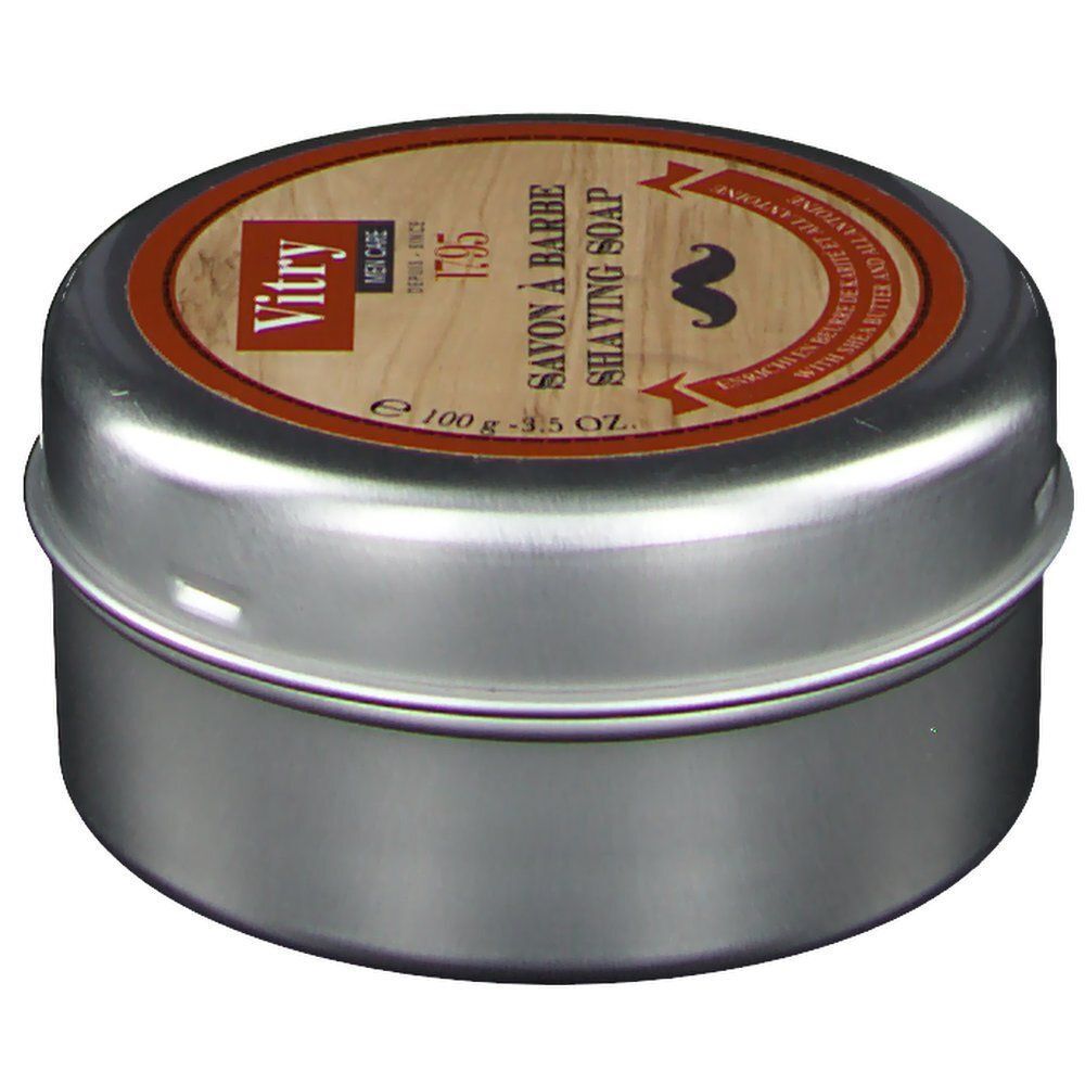 Une boîte ronde de savon à raser Vitry Men Care, 100g, avec étiquette imitation bois et symbole moustache.