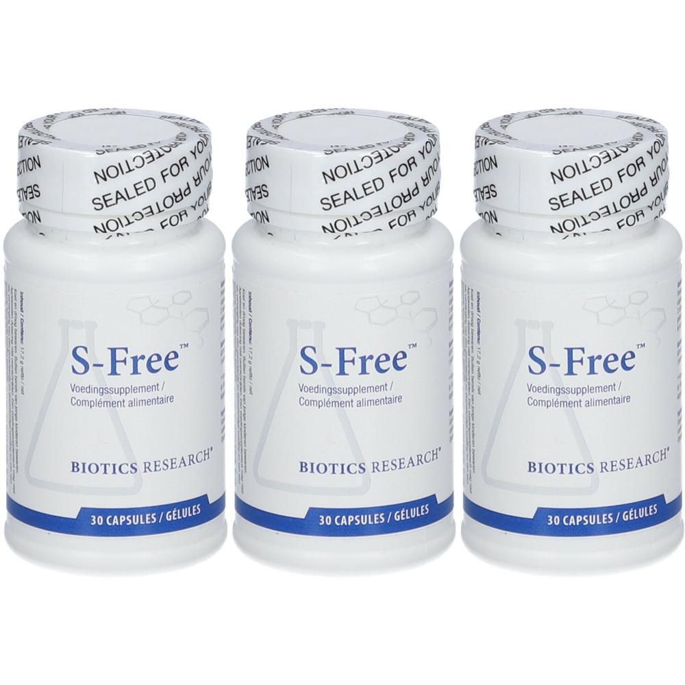 Trois flacons de S-Free Complément alimentaire de Biotics Research, 30 capsules chacun.