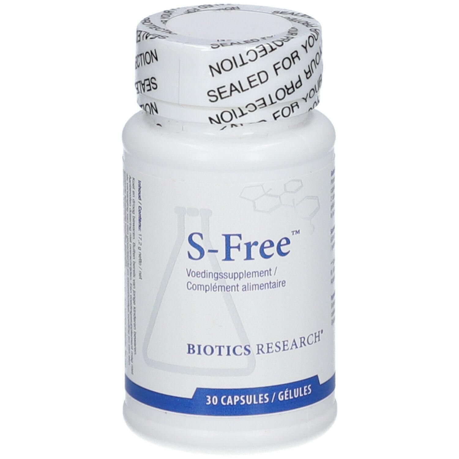 Bouteille blanche de S-Free, complément alimentaire Biotics Research, 30 gélules.