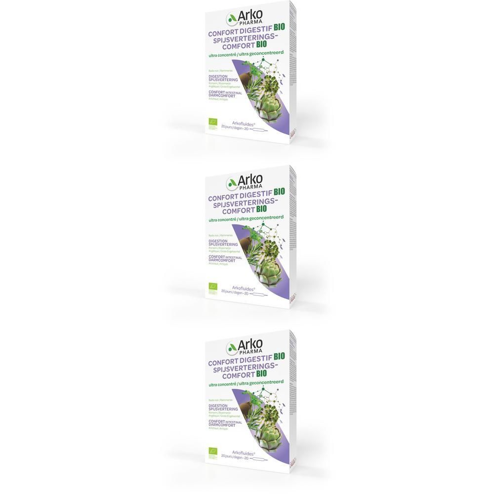 Drie pakken Arkofluide Confort Digestif Bio met artisjokafbeelding. "Arko Pharma" logo bovenaan.