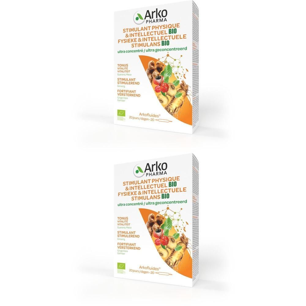 Twee pakken Arkofluide Stimulant Bio. Kartonnen verpakking met productinformatie en afbeelding van fruit en hond.