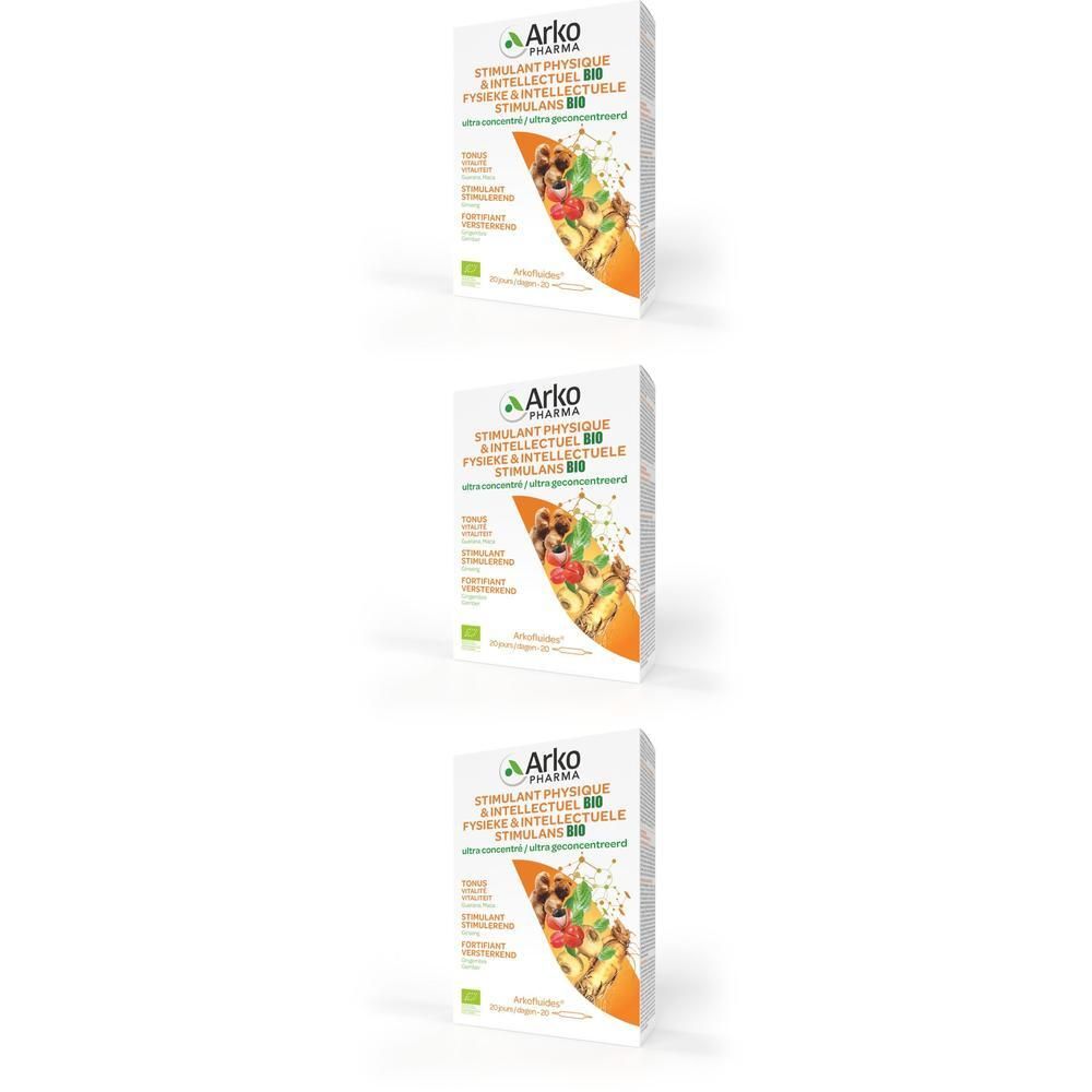 Drie pakken Arkofluide Stimulant Bio, wit met oranje design en productafbeelding.